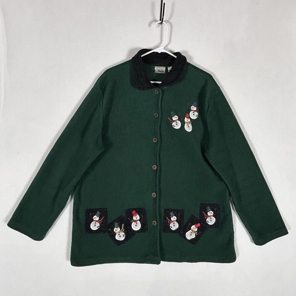 Baxter Wells Ugly Christmas Fleece Jacket Womens Large Snowman Button Up Collar